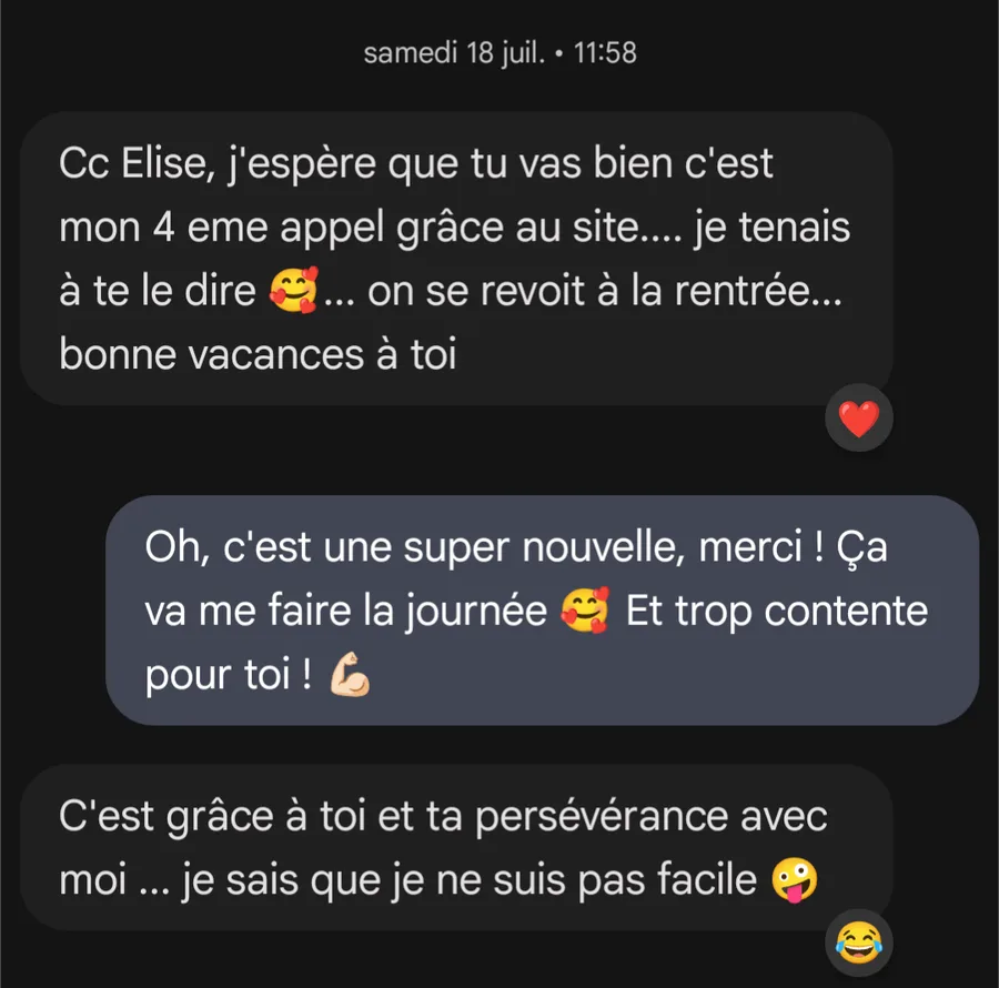 Message de Sébastien Mion : « c'est mon 4ème appel grâce au site... je tenais à te le dire », puis « c'est grâce à toi et ta persévérance avec moi »